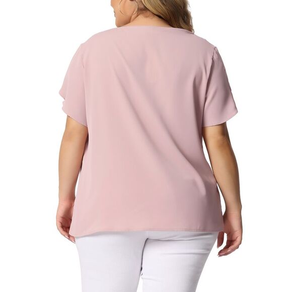 Plus Size Tops Casual Round Neck Pleated Top Tulip Sleeves Blouse Pink - Picture 4 of 6